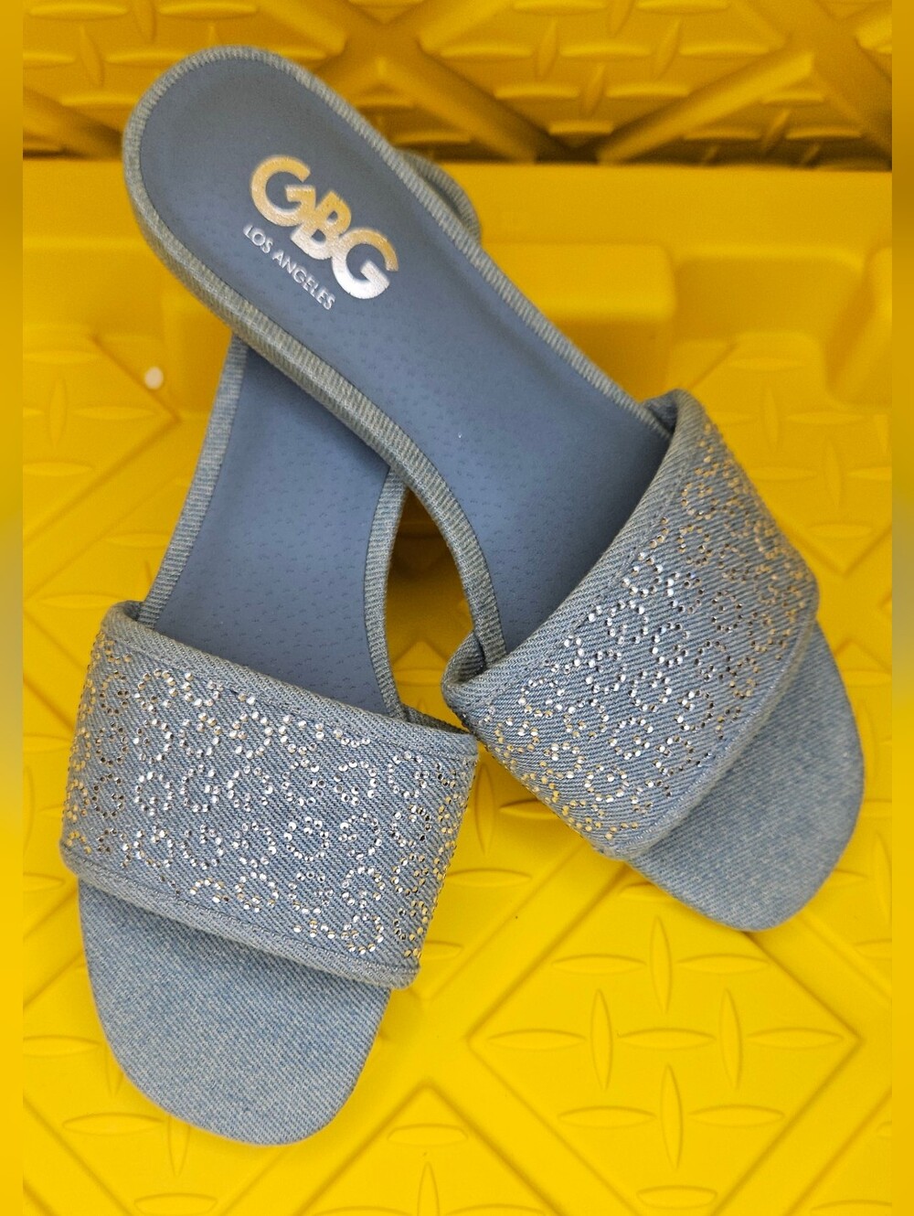 GBG Los Angeles Light Blue/Denim Slide Sandals with Rhinestone Logo Accents - Picture 2 of 3